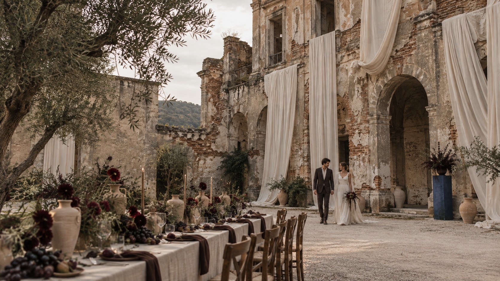 David and Kate in a courtyard dressed with ivory fabric and sculptural florals