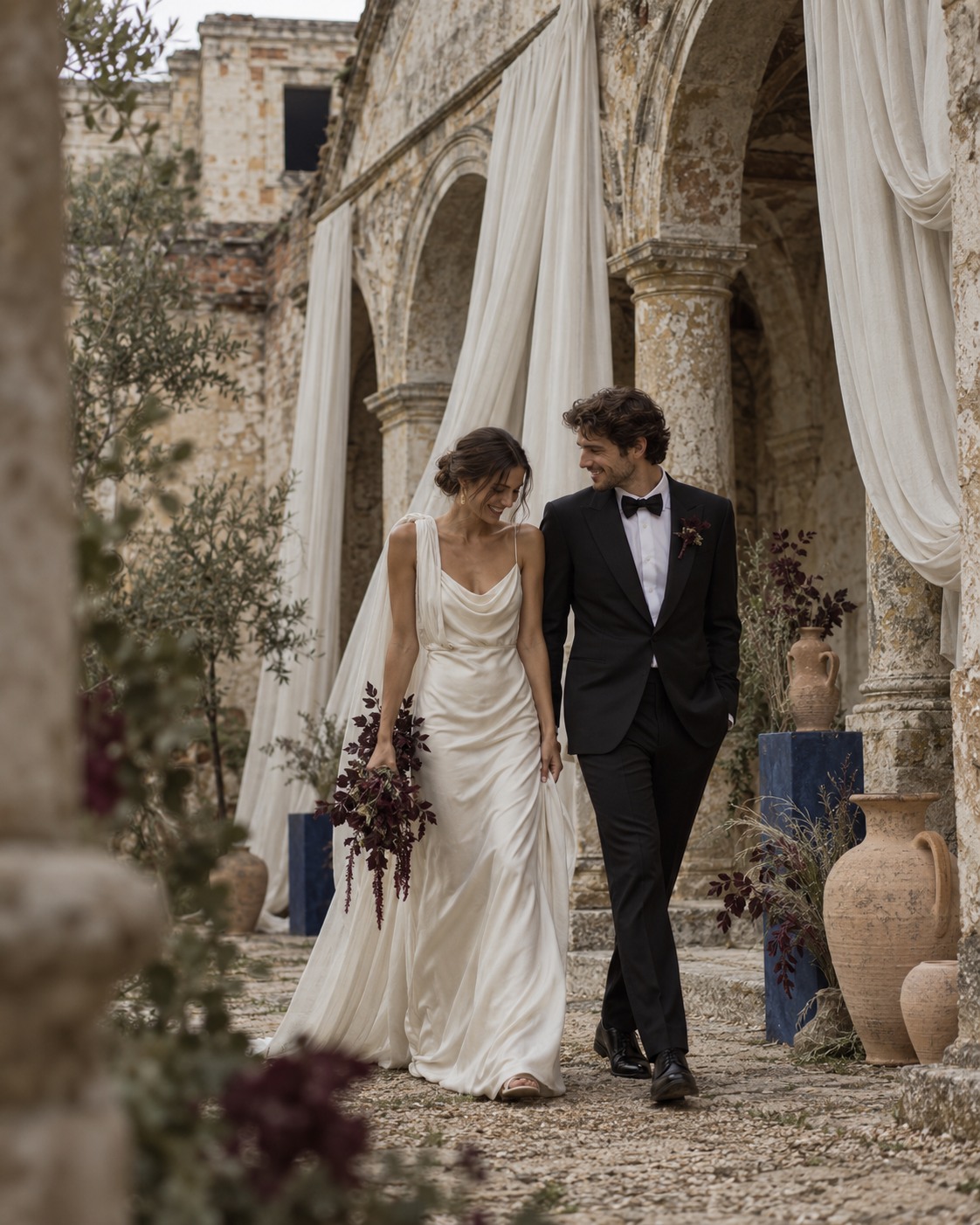 David and Kate beneath ivory drapery