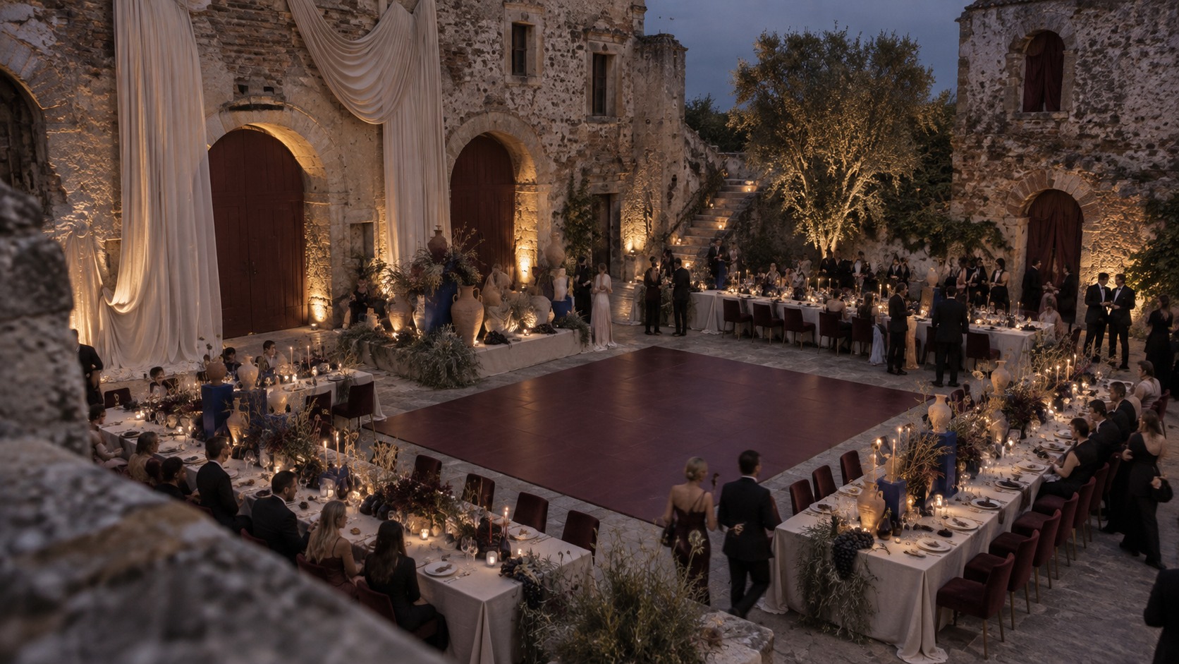 Candlelit reception in a stone courtyard
