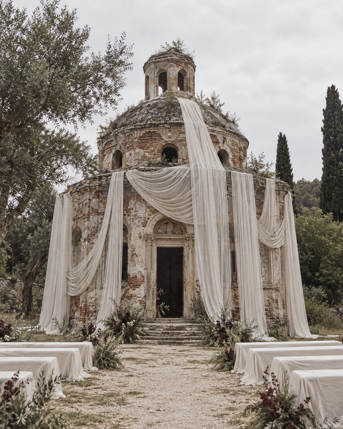 Chapel ceremony framed by flowing ivory fabric