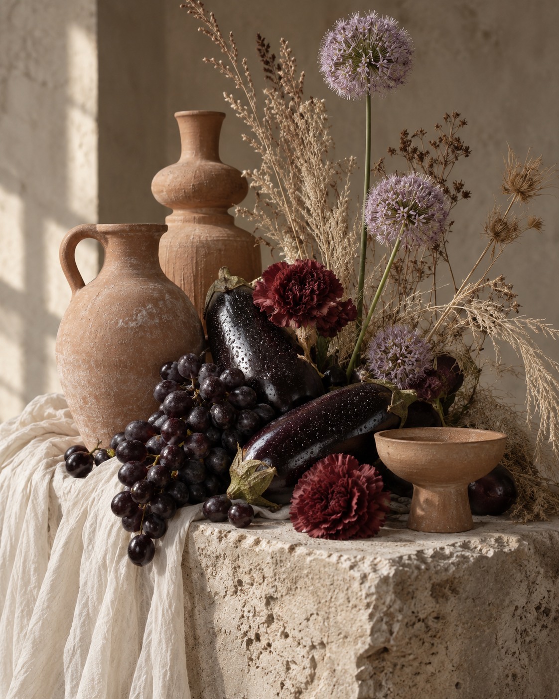 Terracotta vessels, burgundy flowers and natural textures