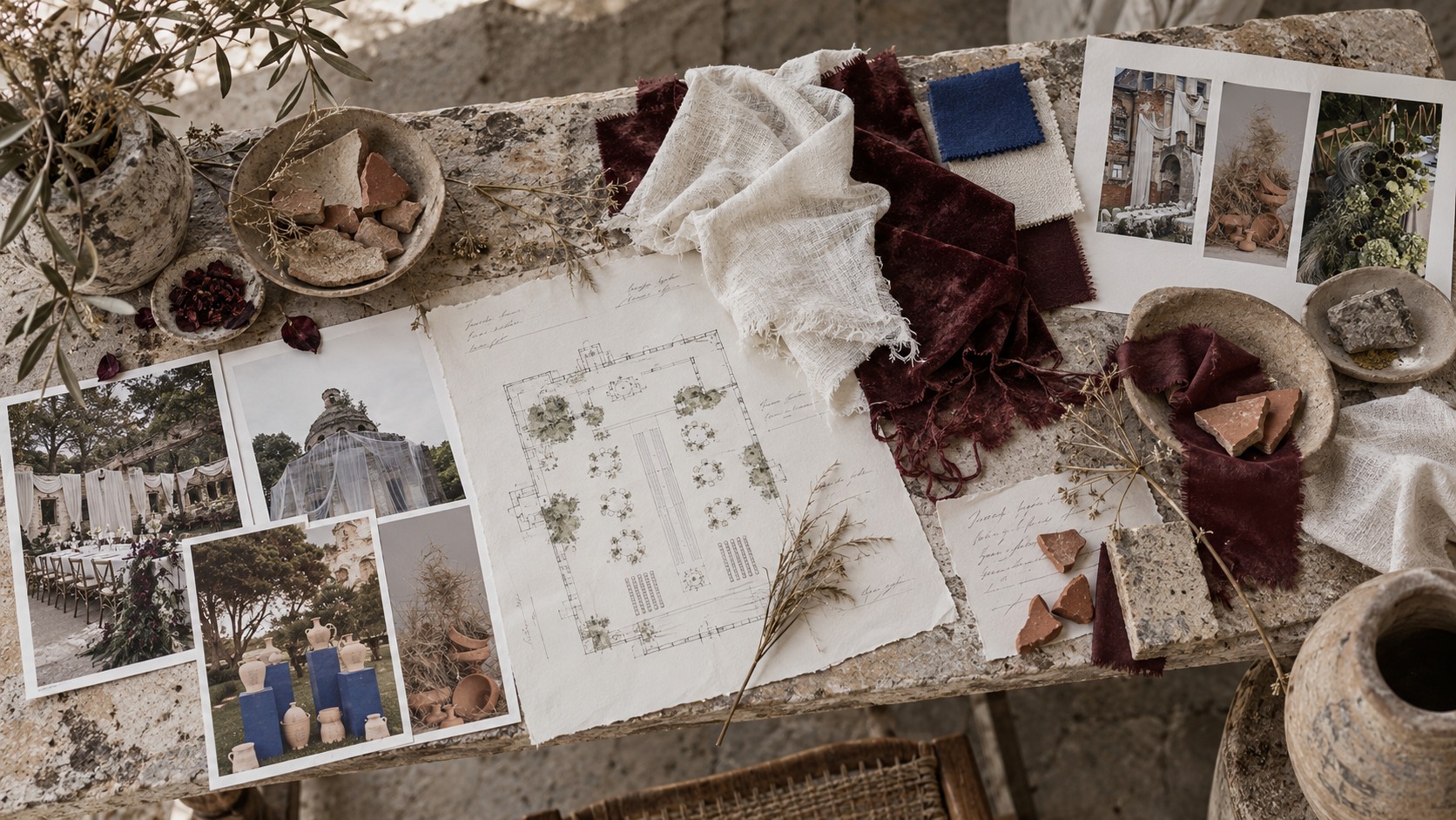 Event layout with fabric swatches and material studies