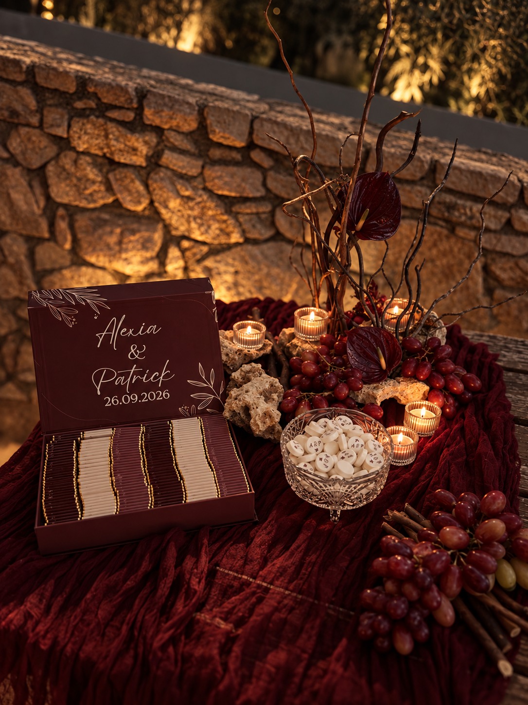 Personalised wedding favours and burgundy welcome table — Patric and Alexia