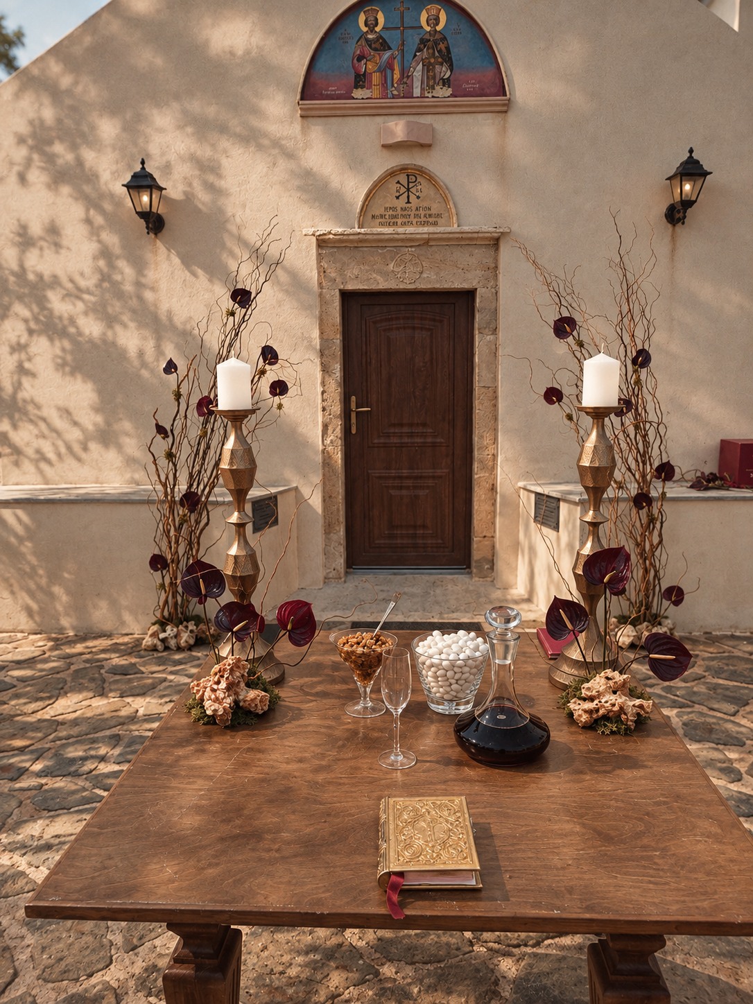 Ceremony table and chapel entrance — Patric and Alexia