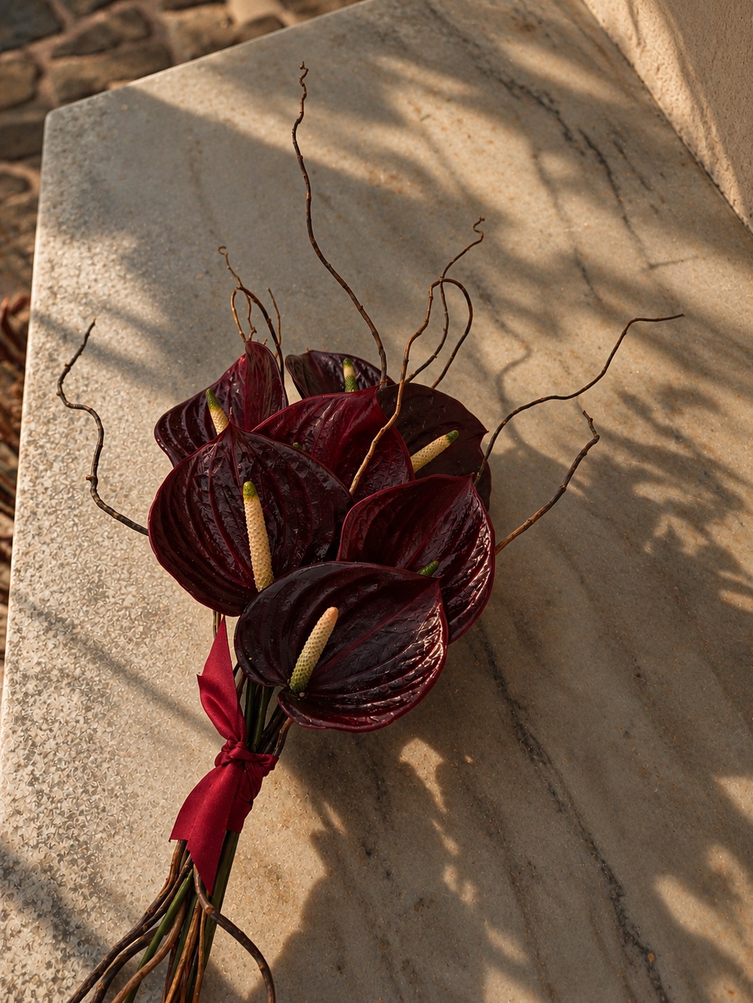 Burgundy anthurium bridal bouquet — Patric and Alexia