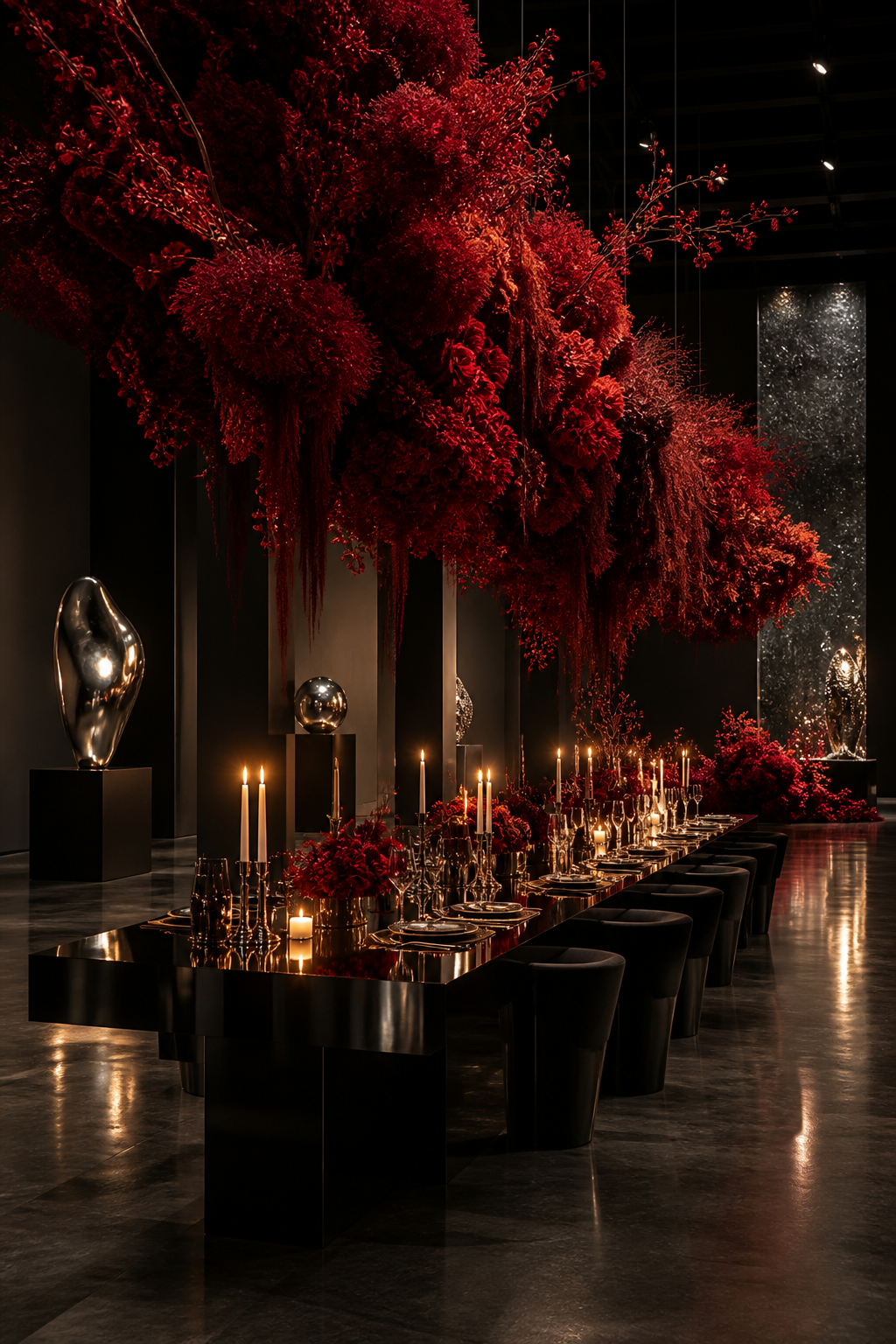 The Red Room dramatic event design concept with sculptural red florals